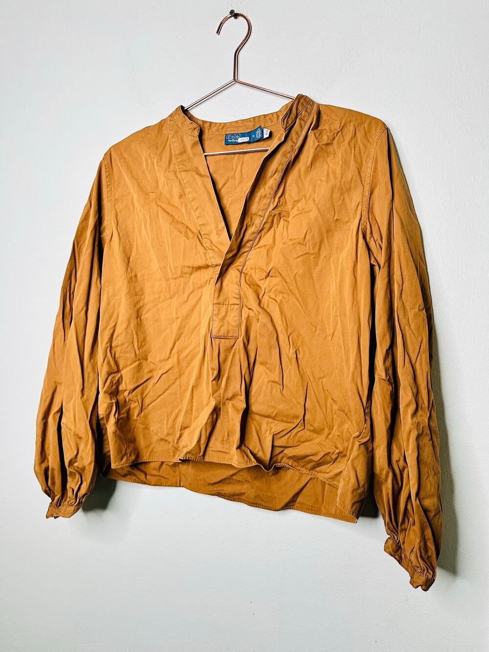 POLO RALPH LAUREN Tan Brown Cropped Blouse Long Sleeve Collared Shirt Size 10